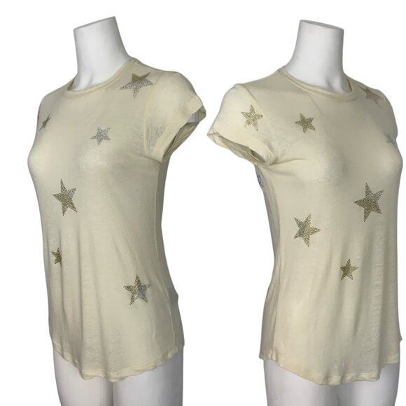 Zadig & Voltaire Skinny Stars Strass Tee Shirt Top XS Cream Embellished Linen - Picture 3 of 13